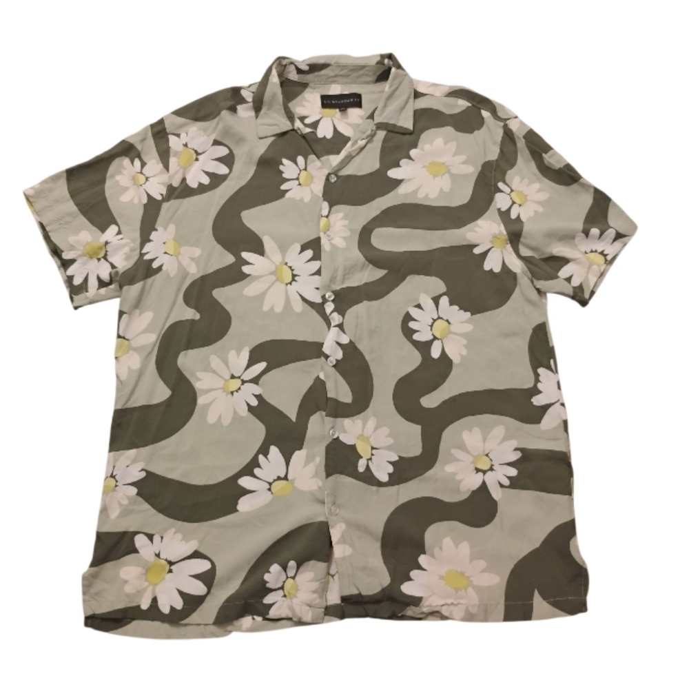 Men's Floral Short Sleeve Shirt - Green Daisy Print